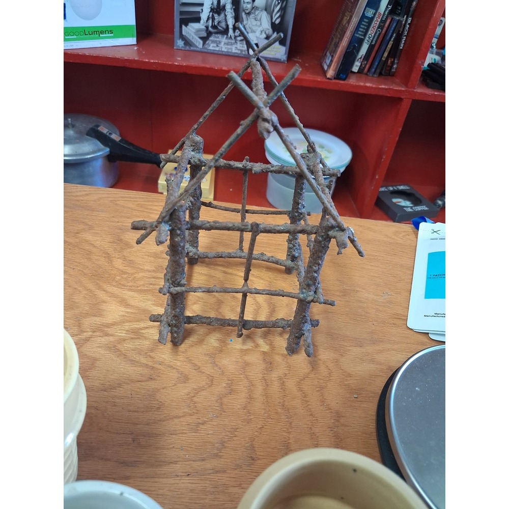 Vintage Brutalist Metal Cabin Sculpture Rustic Industrial Folk Art House Frame